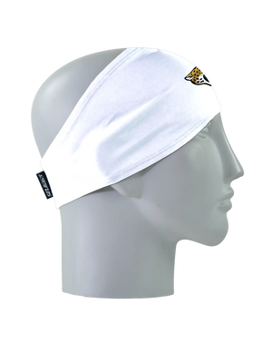 A white athletic headband with a gold, black, teal and white Jacksonville Jaguars logo on the forehead, displayed on a gray mannequin head in profile against a white background.