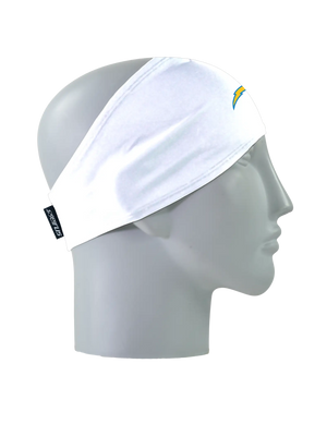 A white athletic headband with a yellow and blue Los Angeles Chargers logo on the forehead, displayed on a gray mannequin head in profile against a white background.