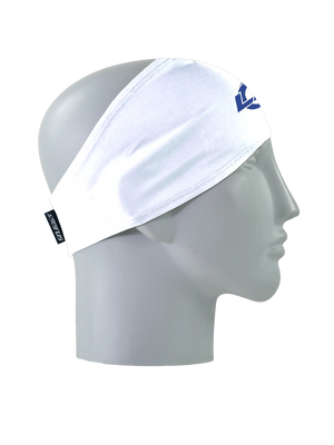A white athletic headband with a blue 'LA' Los Angeles Rams logo on the forehead, displayed on a gray mannequin head in profile against a white background.