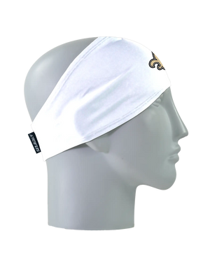 A white athletic headband with a gold and black New Orleans Saints logo on the forehead, displayed on a gray mannequin head in profile against a white background.