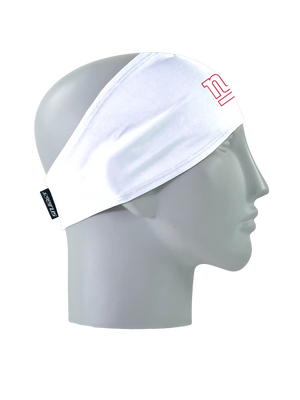 A white athletic headband with a white with red outline 'ny' New York Giants logo on the forehead, displayed on a gray mannequin head in profile against a white background.