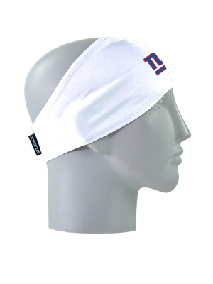 A white athletic headband featuring the New York Giants logo on the forehead, displayed against a solid white background.