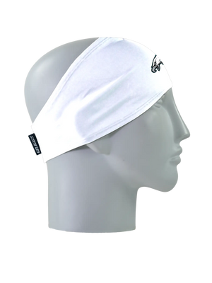 A white athletic headband with a Philadelphia Eagles logo on the front, displayed on a gray mannequin head against a white background.