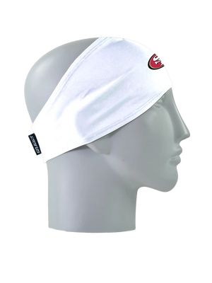 A white athletic headband with a white, red and black 'SF' San Francisco 49ers logo on the forehead, displayed on a gray mannequin head in profile against a white background.