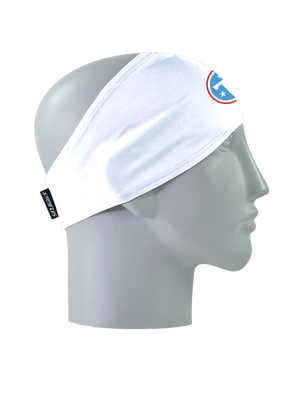 A white athletic headband with a blue and white 'T' Tennessee Titans logo on the forehead, displayed on a gray mannequin head in profile against a white background.