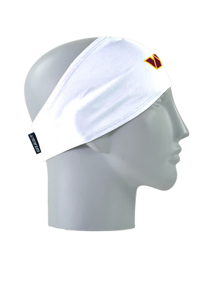 A white athletic headband with a gold and maroon 'W' Washington Commanders logo on the forehead, displayed on a gray mannequin head in profile against a white background