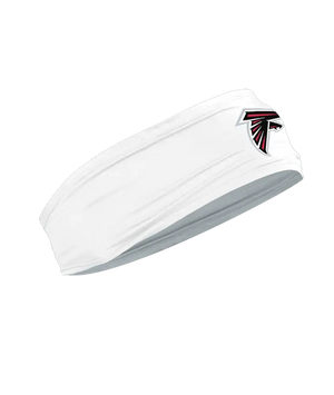 A white athletic headband featuring the Atlanta Falcons logo on the forehead, displayed against a solid white background.