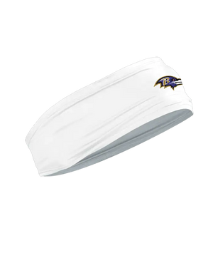 A white athletic headband featuring the Baltimore Ravens logo on the forehead, displayed against a solid white background.