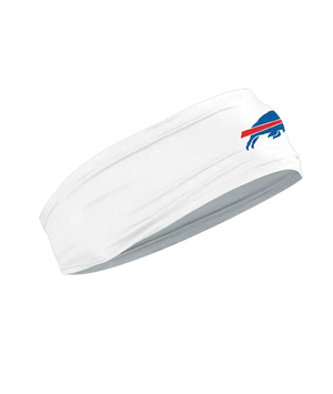 A white athletic headband featuring the Buffalo Bills logo on the forehead, displayed against a solid white background.