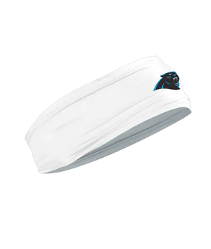 A white athletic headband featuring the Carolina Panthers logo on the forehead, displayed against a solid white background.