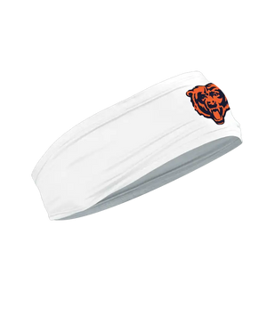 A white athletic headband featuring the Chicago Bears logo on the forehead, displayed against a solid white background.
