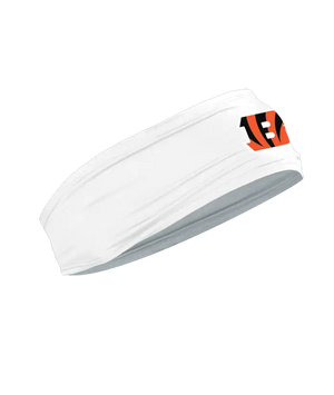 A white athletic headband featuring the Cincinnati Bengals logo on the forehead, displayed against a solid white background.