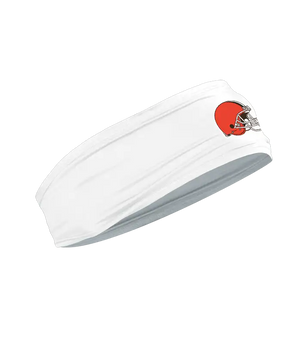 A white athletic headband featuring the Cleveland Browns logo on the forehead, displayed against a solid white background.