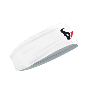 A white athletic headband featuring the Houston Texans logo on the forehead, displayed against a solid white background.