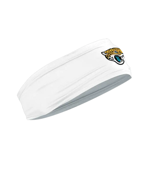 A white athletic headband featuring the Jacksonville Jaguars logo on the forehead, displayed against a solid white background.