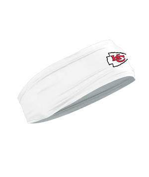 A white athletic headband featuring the Kansas City Chiefs logo on the forehead, displayed against a solid white background.