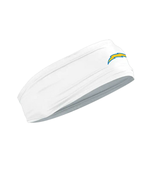 A white athletic headband featuring the Los Angeles Chargers logo on the forehead, displayed against a solid white background.