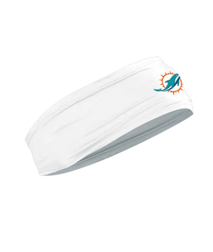 A white athletic headband featuring the Miami Dolphins logo on the forehead, displayed against a solid white background.