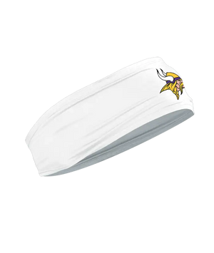 A white athletic headband featuring the Minnesota Vikings logo on the forehead, displayed against a solid white background.