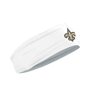 A white athletic headband featuring the New Orleans Saints logo on the forehead, displayed against a solid white background.