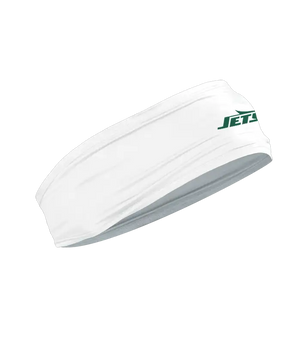 A white athletic headband featuring the New York Jets logo on the forehead, displayed against a solid white background.