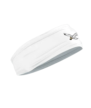A white athletic headband featuring the classic Philadelphia Eagles logo on the forehead, displayed against a solid white background.