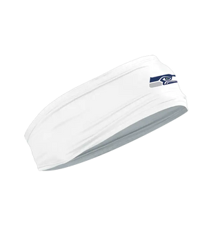 A white athletic headband featuring the Seattle Seahawks logo on the forehead, displayed against a solid white background.