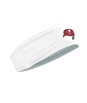 A white athletic headband featuring the Tampa Bay Buccaneers logo on the forehead, displayed against a solid white background.