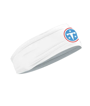 A white athletic headband featuring the Tennessee Titans logo on the forehead, displayed against a solid white background.