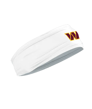 A white athletic headband featuring the Washington Commanders logo on the forehead, displayed against a solid white background.