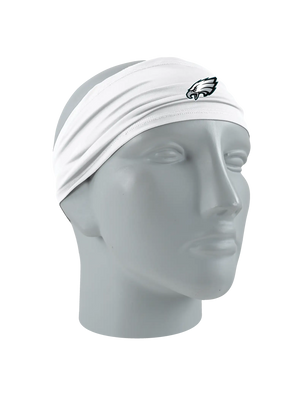 A white athletic headband with a Philadelphia Eagles logo on the front, displayed on a gray mannequin head against a white background.