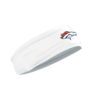 A white athletic headband featuring the embroidered Denver Broncos horse logo on the front, shown against a plain white background.
