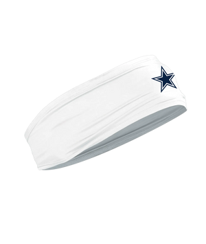 A white athletic headband featuring the navy blue Dallas Cowboys star logo on the front, displayed against a solid white background.