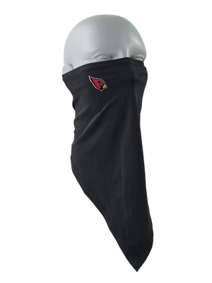 A black face mask scarf with a Arizona Cardinals logo on the right cheek, displayed on a gray mannequin head against a white background.