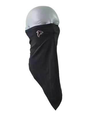 A black face mask scarf with a Atlanta Falcons logo on the right cheek, displayed on a gray mannequin head against a white background.