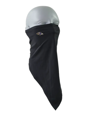 A black face mask scarf with a Baltimore Ravens logo on the right cheek, displayed on a gray mannequin head against a white background.