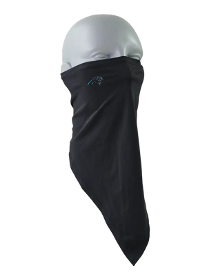 A black face mask scarf with a Carolina Panthers logo on the right cheek, displayed on a gray mannequin head against a white background.