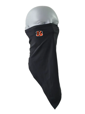 A black face mask scarf with a Cincinnati Bengals logo on the right cheek, displayed on a gray mannequin head against a white background.