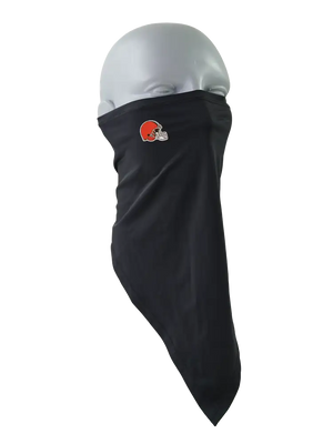 A black face mask scarf with a Cleveland Browns logo on the right cheek, displayed on a gray mannequin head against a white background.