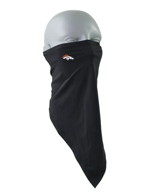 A black face mask scarf with a Denver Broncos logo on the right cheek, displayed on a gray mannequin head against a white background.