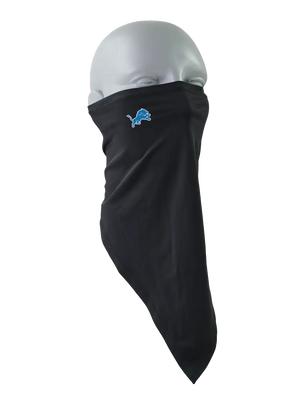 A black face mask scarf with a Detroit Lions logo on the right cheek, displayed on a gray mannequin head against a white background.