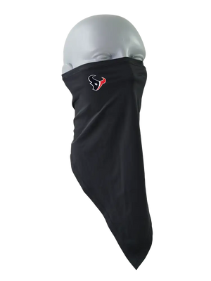 A black face mask scarf with a Houston Texans logo on the right cheek, displayed on a gray mannequin head against a white background.