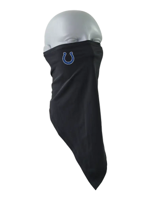 A black face mask scarf with an Indianapolis Colts logo on the right cheek, displayed on a gray mannequin head against a white background.