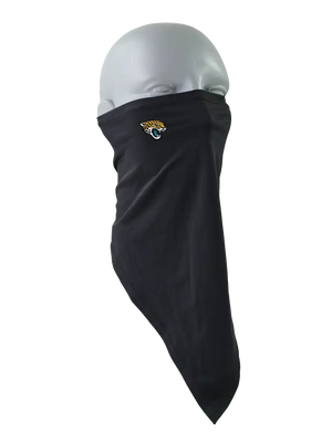 A black face mask scarf with a Jacksonville Jaguars logo on the right cheek, displayed on a gray mannequin head against a white background.