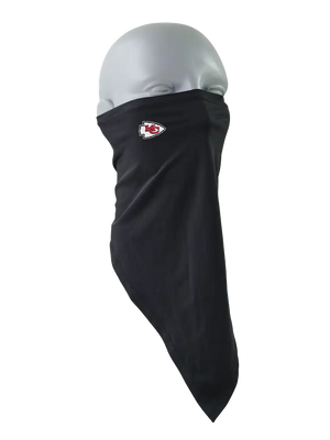 A black face mask scarf with a Kansas City Chiefs logo on the right cheek, displayed on a gray mannequin head against a white background.