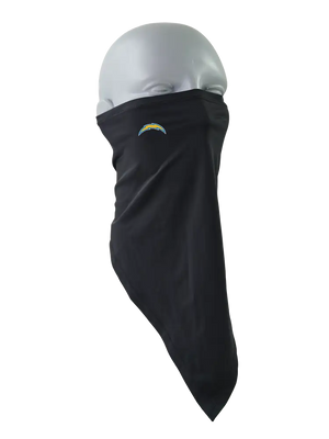 A black face mask scarf with a Los Angeles Chargers logo on the right cheek, displayed on a gray mannequin head against a white background.