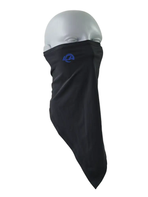 A black face mask scarf with a Los Angeles Rams logo on the right cheek, displayed on a gray mannequin head against a white background.