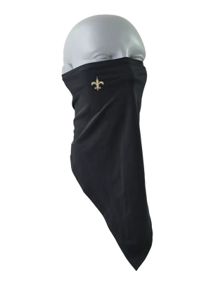A black flip scarf featuring a Saints logo, displayed on a clean white background.