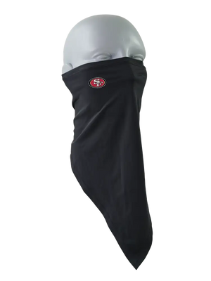 A black flip scarf featuring a small San Francisco 49ers logo, displayed on a clean white background.