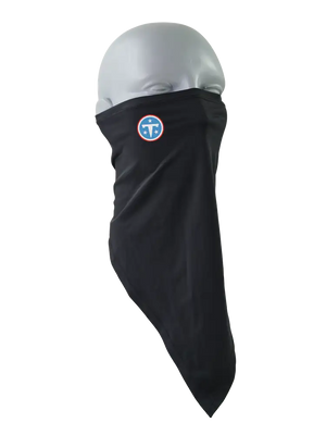 A black flip scarf displayed on a clear mannequin head against a plain white background, featuring a small Titans logo on the upper left side.